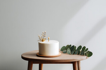 Minimalist birthday cake with a candle and eucalyptus leaves on a wooden table in bright light.