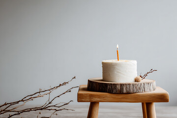 Minimalist birthday cake with a single candle on a wooden stand against a gray background.