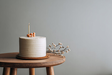 Minimalist cake presentation with a single candle and floral decoration on a wooden surface against gray background.