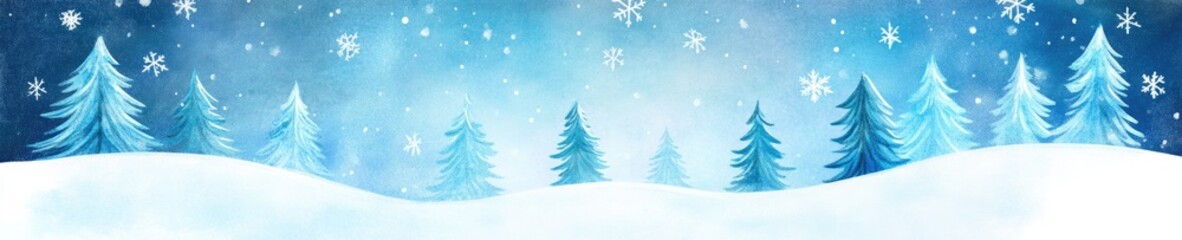 Fototapeta premium Winter wonderland with snowflakes and watercolor pine trees in a serene landscape