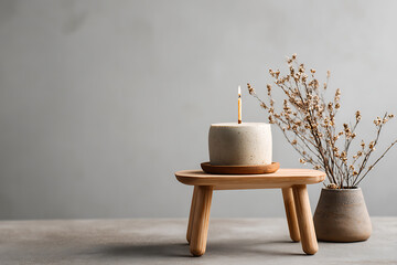 Minimalist Birthday Cake Still Life with Dried Flowers and Candle on a Wooden Stool