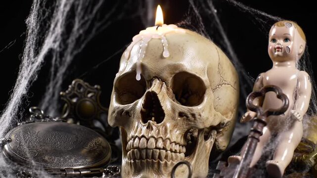 Skull with Dripping Candle Wax on Cobweb
