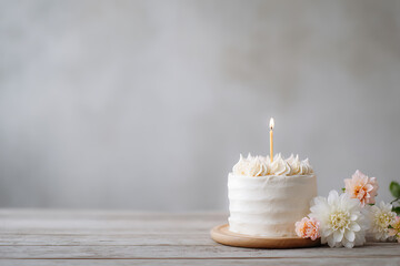 Celebratory birthday cake with flowers and a single candle on a wooden surface against a gray background.