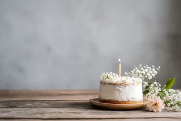 Celebratory Cake with Candle and Flowers