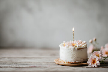 Delicate Birthday Cake with Candle and Flowers on a Rustic Wooden Surface