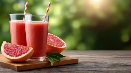 Two tall glasses of vibrant fruit smoothies sit on a wooden table, accompanied by fresh tropical fruit slices, evoking a summery vibe