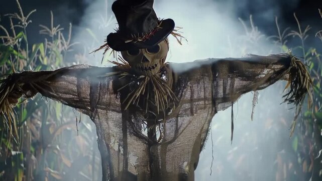Scarecrow with Hat in Foggy Field