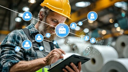 Industrial Worker Using Tablet in Manufacturing Facility with Digital Interfaces and Icons - Powered by Adobe