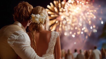 Couple embracing while watching colorful fireworks bursting