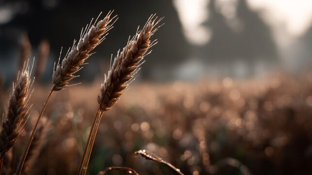 Winter barley ears glistening with dew at dawn