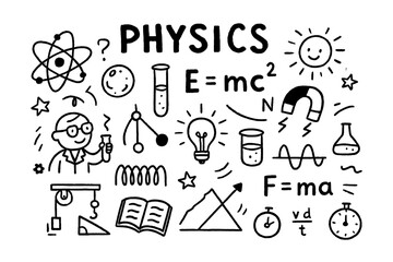 Physics concept doodle with scientist, formulas, and experiment icons, Transparent Background