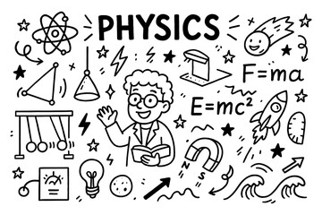 Physics concept doodle with scientist, formulas, and experiment icons, Transparent Background