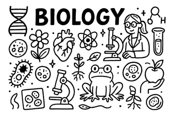 Biology concept doodle with microscope, cells, and plant science icons, Transparent Background