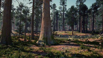 A peaceful forest landscape showcases tall trees surrounded by vibrant greenery. Sunlight filters through the leaves, illuminating the tranquil water pool nearby.