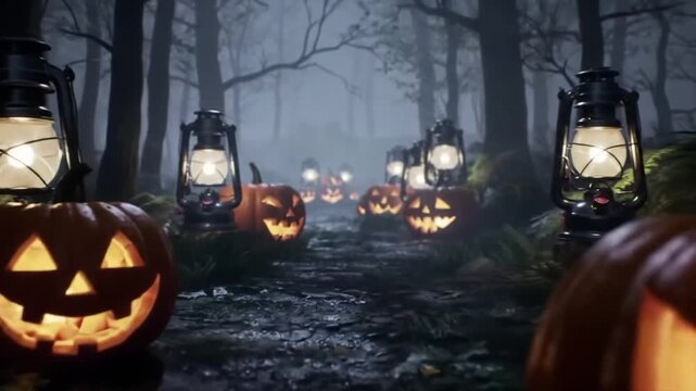 Path of Glowing Jack-o&rsquo;-Lanterns in Foggy Forest