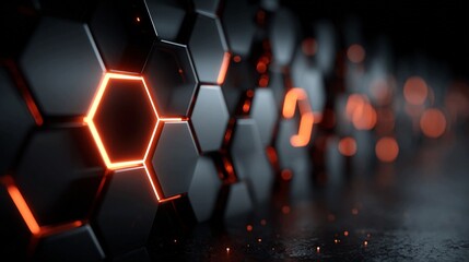 Dynamic abstract background with glowing hexagonal patterns and vibrant orange light creating a futuristic, high-tech, and energetic feel perfect for technology and innovation themes