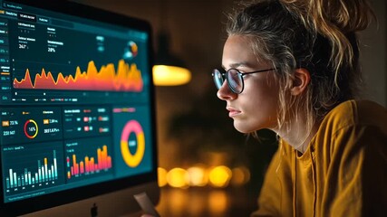 Young woman analyzing data on a computer in a cozy indoor environment at night - Powered by Adobe