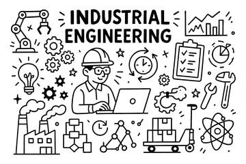 Industrial engineering doodle with factory, tools, and process optimization icons, Transparent Background