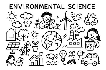 Environmental science doodle with nature, renewable energy, and ecosystem icons, Transparent Background