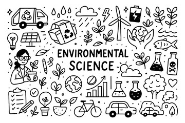 Obraz premium Environmental science doodle with nature, renewable energy, and ecosystem icons, Transparent Background