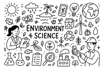 Environmental science doodle with nature, renewable energy, and ecosystem icons, Transparent Background