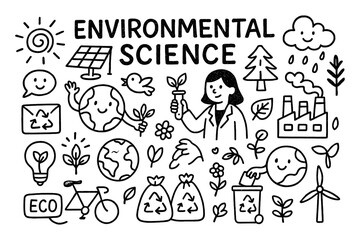 Environmental science doodle with nature, renewable energy, and ecosystem icons, Transparent Background