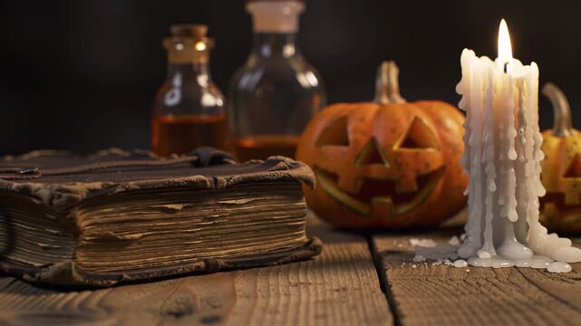 Pumpkin with Old Books and Potion Bottles