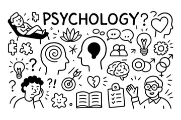 Psychology concept doodle with mind, therapy, and human behavior icons, Transparent Background