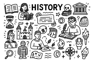 History concept doodle with ancient symbols, monuments, and artifacts, Transparent Background