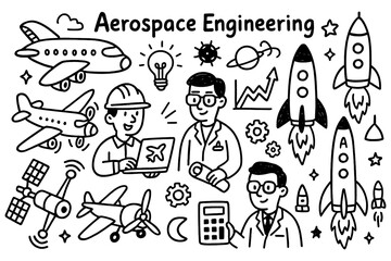 Aerospace engineering doodle with rockets, astronaut, and aircraft icons, Transparent Background