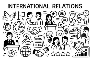 International relations doodle with diplomacy, peace, and global cooperation icons, Transparent Background