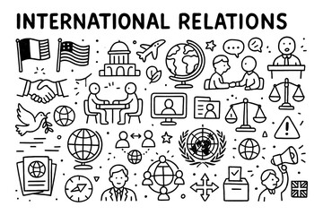 International relations doodle with diplomacy, peace, and global cooperation icons, Transparent Background