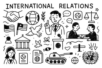 International relations doodle with diplomacy, peace, and global cooperation icons, Transparent Background