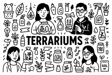 Terrariums hobby doodle with plants, glass jars, and gardening icons, Transparent Background