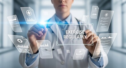 Doctor interacting with futuristic holographic interface displaying health data and encouraging regular exercise for a healthy lifestyle and well being