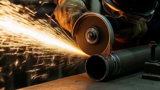 Metal worker using angle grinder on pipe, creating sparks and light