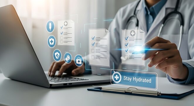 Doctor using laptop and digital interface with medical icons and data representing healthcare technology telemedicine and patient care