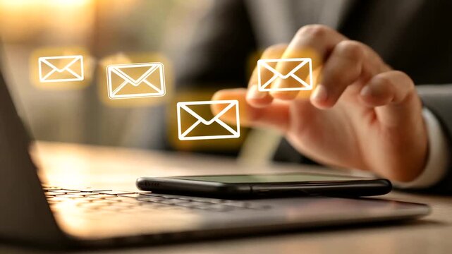 Businessman Checking Email Notifications on Laptop and Smartphone in Modern Office Setting
