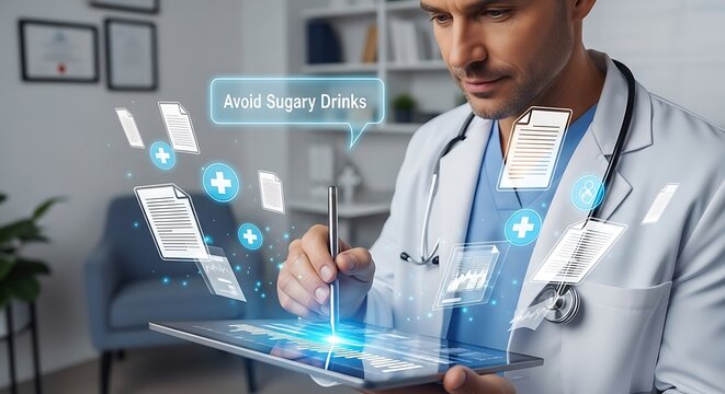 A focused male doctor wearing a white lab coat and stethoscope interacts with a futuristic holographic medical interface displaying patient data and charts on a tablet in a modern clinic setting