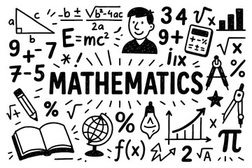 Math concept doodle with geometry shapes, formulas, and calculation icons, Transparent Background