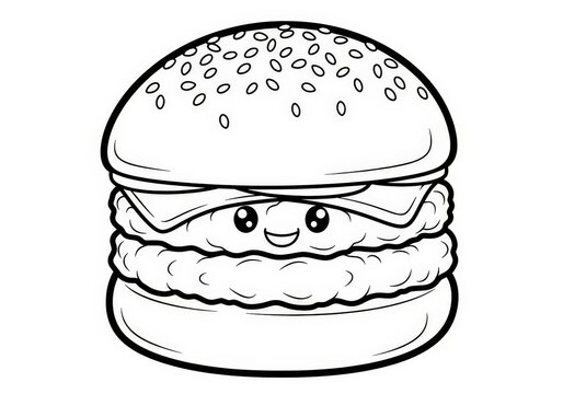 Cute cartoon hamburger character with smiling face and sesame seed bun for fun illustrations