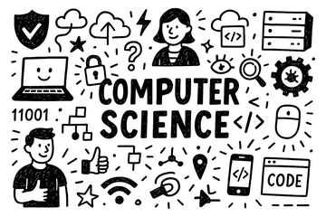 Computer science concept doodle with coding, technology, and programming icons, Transparent Background