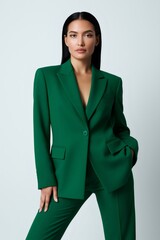 Confident executive woman wearing a stylish green power suit, posing with elegance and professionalism against a white background