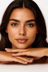Woman face close up having perfect healthy glowing skin and natural makeup, hands resting under chin