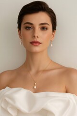 Bride wearing elegant pearl jewelry and white dress, beauty portrait for wedding concept and fashion advertising
