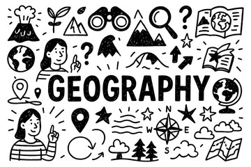 Geography concept doodle with globe, map, and nature exploration icons, Transparent Background
