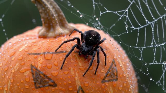 Black Spider on Wet Pumpkin with Web