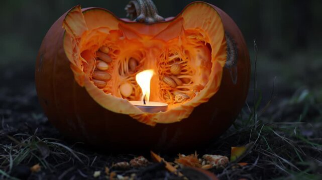 Burning Candle Inside Carved Pumpkin