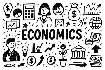 Economics concept doodle with finance, banking, and growth icons, Transparent Background