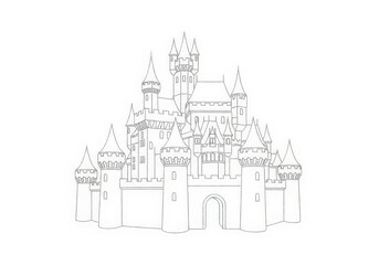 Obraz premium Intricate Line Art of a Fantasy Castle with Towers and Battlements in Minimalist Style